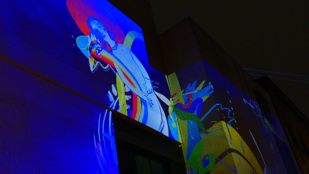 Lichtkunst Projektion Fassade Kopffarben Chagall